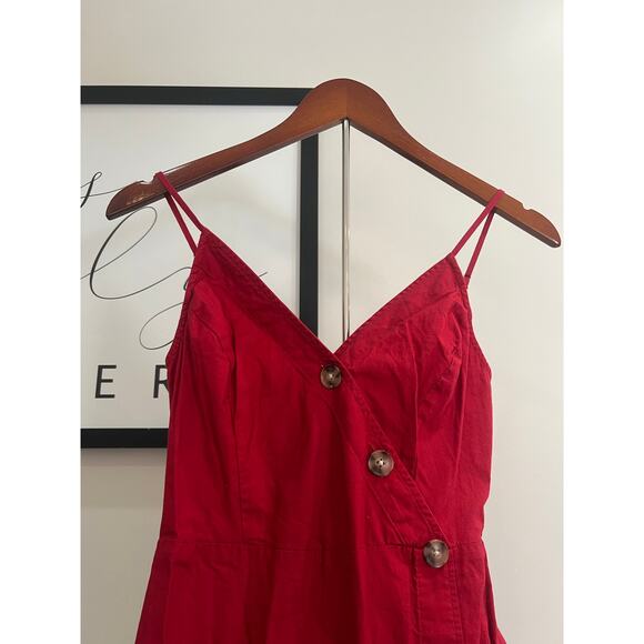 Red A-Line Dress with Wood Button Details - Picture 3 of 6